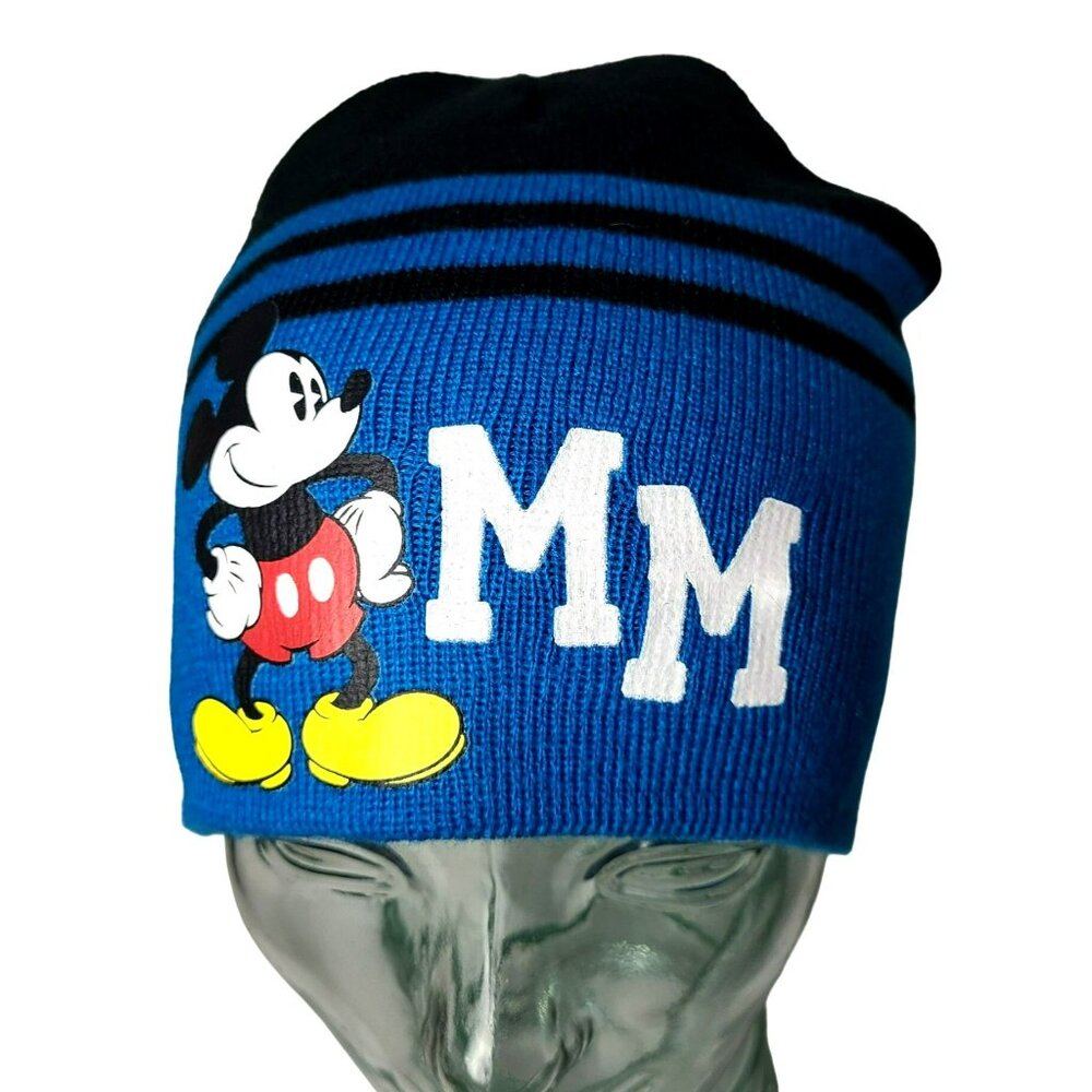 Disney Mickey Mouse MM Beanie Knit Winter Hat Blue Black Unisex Apparel OSFM